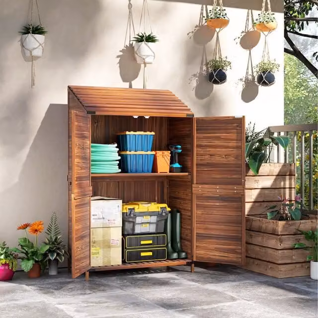 Outsunny Rustic Brown Wooden Tall Storage Cabinet with Double Doors and Shelving