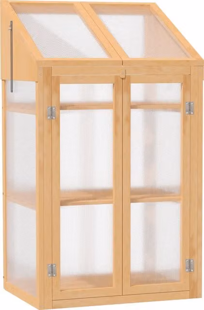 Outsunny Brown Wooden Greenhouse Cold Frame Grow House with Semi Transparent Polycarbonate Glazing, Openable Lid and Double Door, W/D/H: 70 x 50 x 120 cm