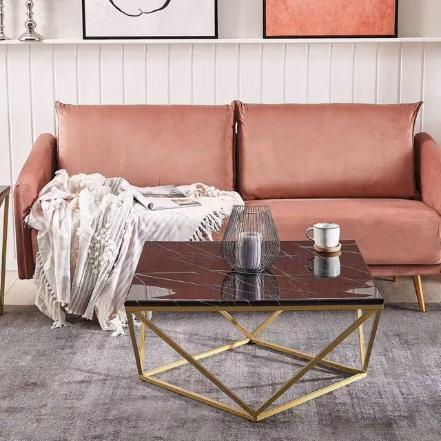 Wyld and Coco Black Marble Veneer Coffee Table with Gold Metal Base, W/D/H: 80 x 80 x 40 cm – 1