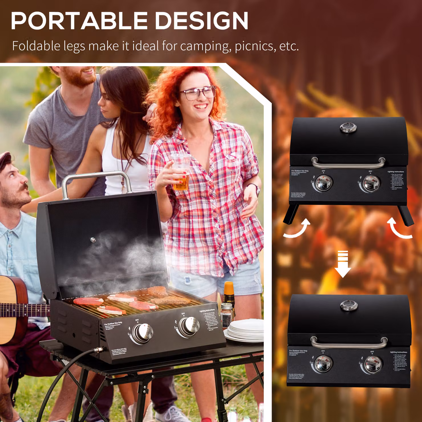 Outsunny 2 Burner Gas Barbecue Grill with Folding Legs and Thermometer, Black Carbon Steel Tabletop BBQ – 5