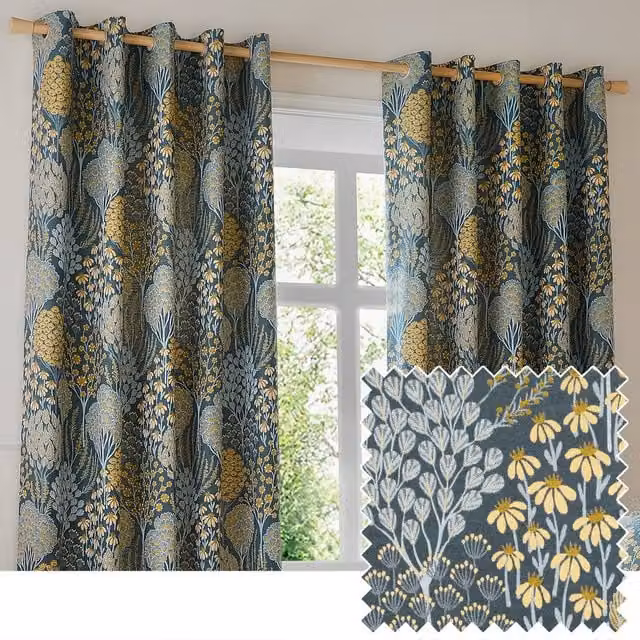 Wylder Ophelia Floral Room Darkening Eyelet Curtain Pair in Blue, Width: 168 cm, Drop: 229 cm