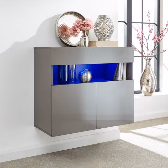 GFW Galicia Wall Mounted Grey Glossy Sideboard with Integrated LED Lighting