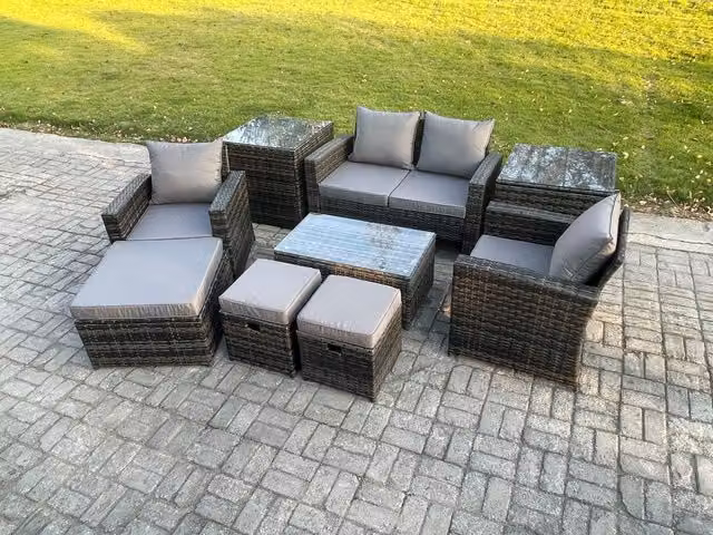 Fimous 7 Seater Dark Grey Rattan Garden Furniture Set with Rectangular Coffee Table and 2 Side Tables