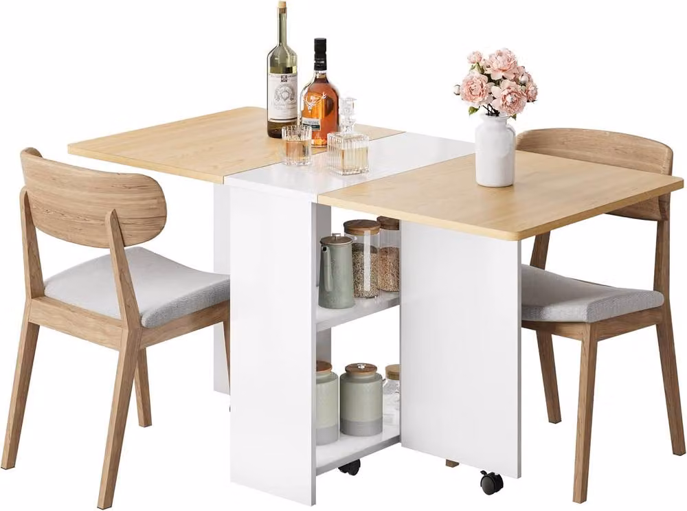 London Boutique White Folding Kitchen Dining Table with Drop Leaf and Shelves – 2