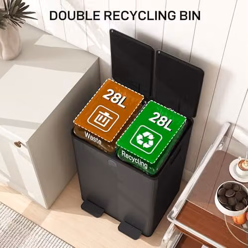 HOMCOM Dual Kitchen Pedal Bin with Soft Close Lids and Odour Filter, Black Stainless Steel, 2 x 28L – 3