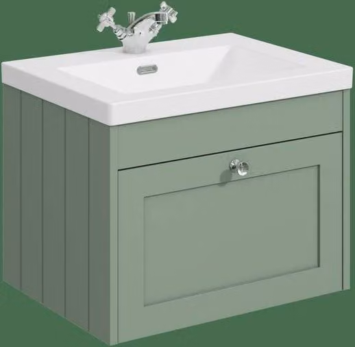 Balterley Minimalist Wall Hung 1 Drawer Unit with Basin, Satin Green, W: 60 cm