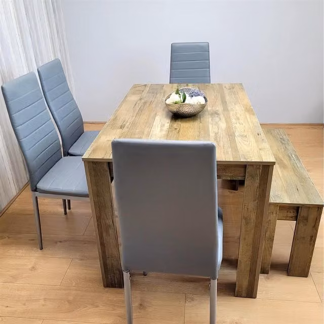 Kosy Koala Grey Rustic Dining Table Set for 6 with 4 Chairs and 1 Bench
