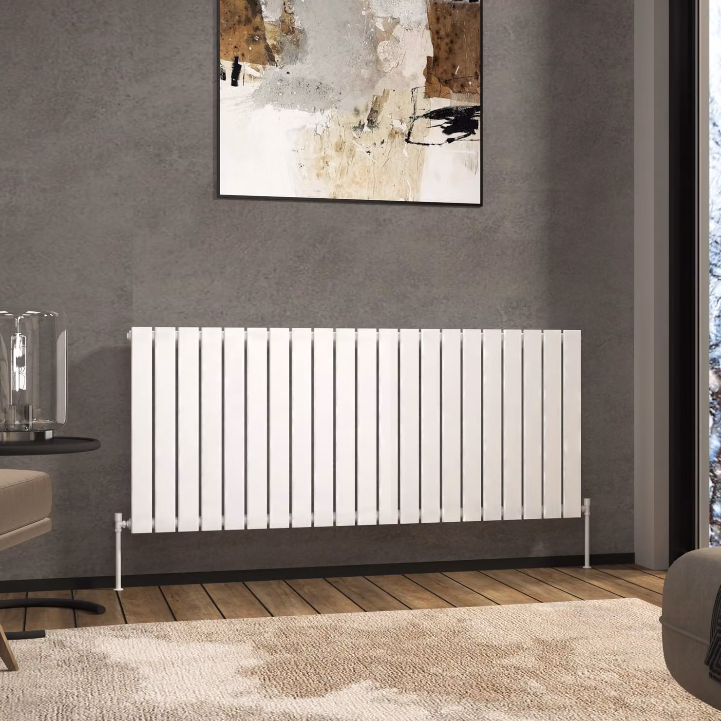 Aurexa White Horizontal Designer Steel Radiator, Single Flat Panel, W: 142.8 cm, H: 60.0 cm