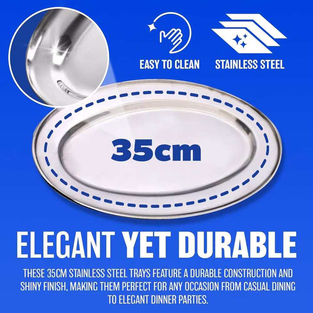 BARGAINS-GALORE Stainless Steel Oval Food Serving Plate and Curry Dish Tray in Silver, 35 cm – 3