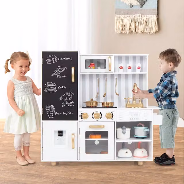Costway Kids Pretend Play Kitchen Cooking Role Playset in White