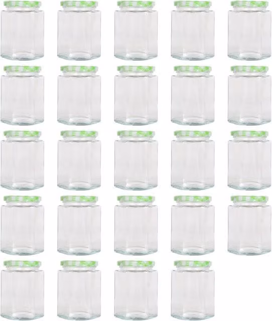 Argon Tableware Hexagonal Glass Jam Jars with Leakproof Screw-Top Metal Lids, Green Gingham Checked Pattern, 250ml, Pack of 24
