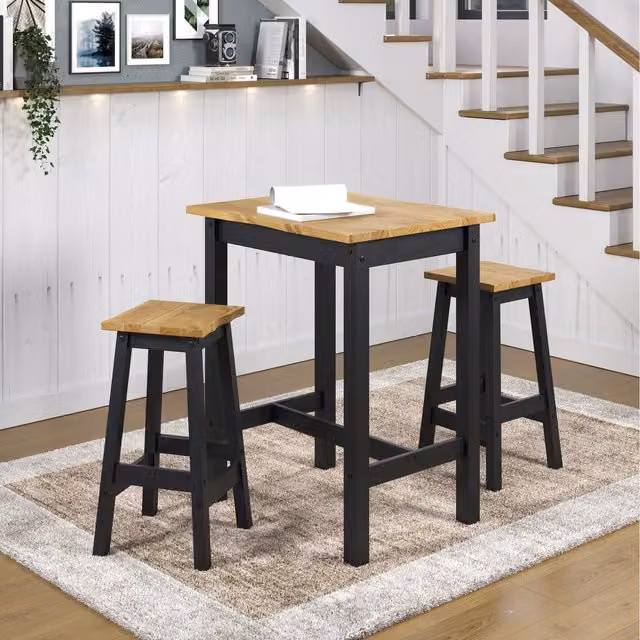 Corona Black Live Edge Rectangular High Breakfast Bar Table and 2 Stools in Black Washed Wax Finish