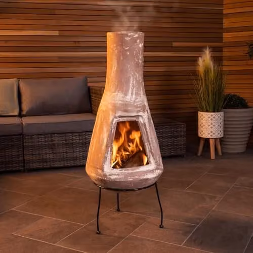 Charles Bentley Barcelona Clay Chiminea with Stand in Beige and Brown, W/D/H: 95 x 38 x 38 cm – 1