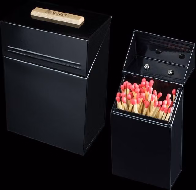 Valiant Fireside Firelighter Pellet and Match Storage Organiser Box Set in Black Metal Gloss Lacquer Finish