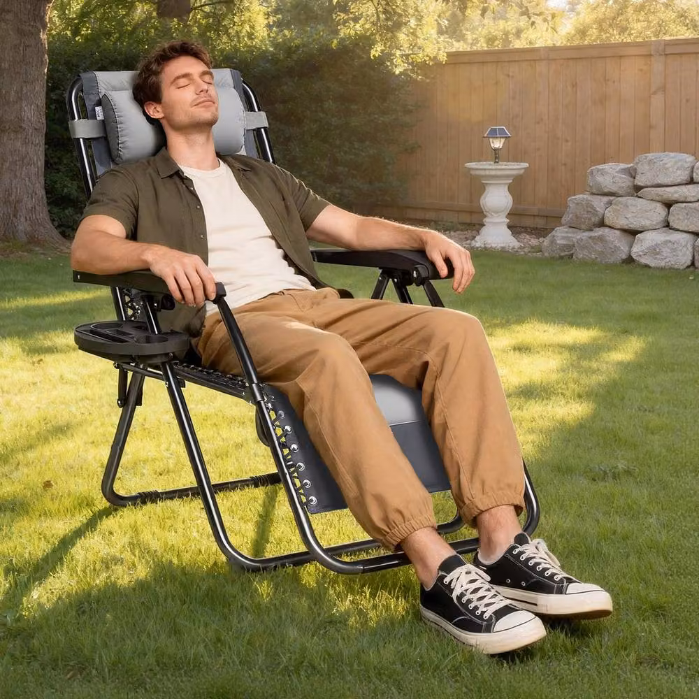 MCC Direct Set of 2 Zero Gravity Reclining Sun Lounger Garden Chairs in Grey and Black – 9