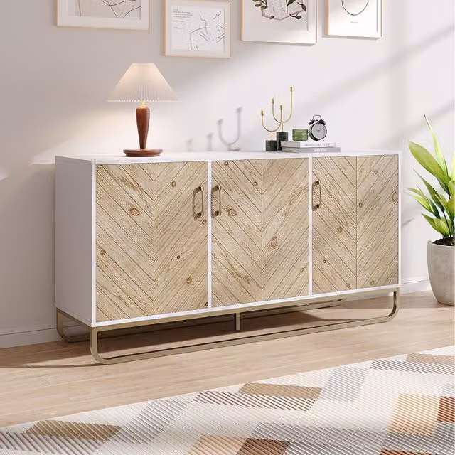 Komore White Wooden Door Cabinet with Gold Base and Hinged Doors