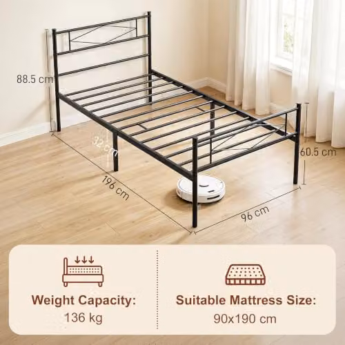 HOMCOM Single Metal Bed Frame in Black with Headboard and Footboard, W/D/H: 90 x 190 x 91.44 cm – 2