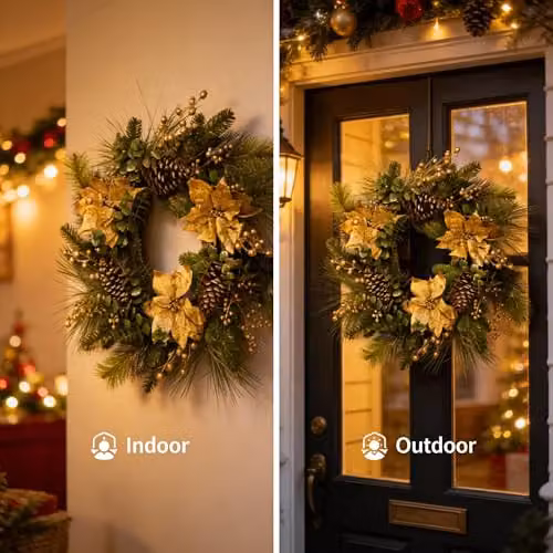SHATCHI 60 cm Christmas Wreath with Gold Berries, Poinsettia, Eucalyptus Leaves and Pine Cones – 3