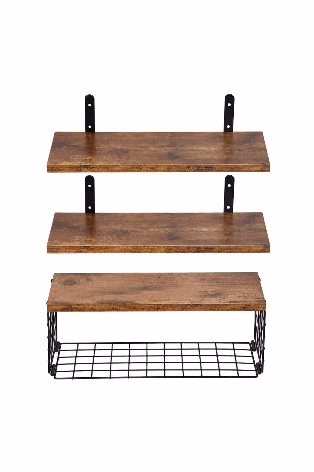 Living and Home 4-Tier Wall-mounted Floating Shelves with Wire Storage Basket in Brown – 2