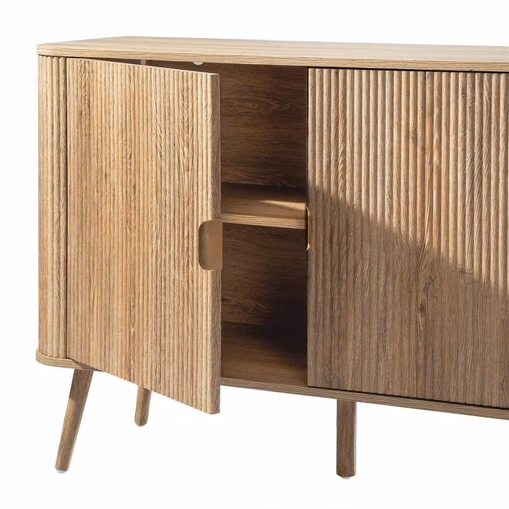 CALICOSY 3-Door Rounded Sideboard with Oak-Effect Slatted Fronts in Light Brown, Width: 150 cm – 6