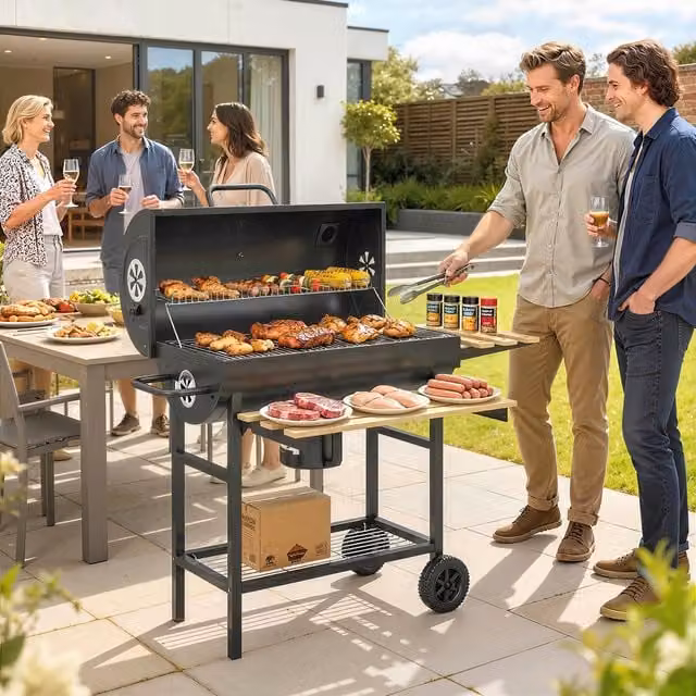 Outsunny Black Charcoal Grill with Foldable Shelves, Warming Rack and Wheels