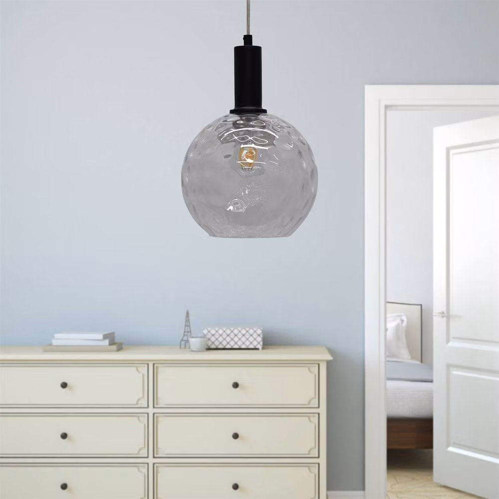 First Choice Lighting Barnum Set of 2 Black Deco Pendant Lights with Transparent Dimple Glass Globes – 3