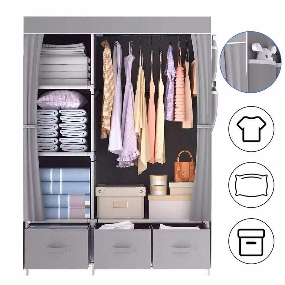 SPETLEK Large Grey Fabric Canvas Freestanding Wardrobe with Integrated Drawers, H 163.0 cm x W 105.0 cm – 1