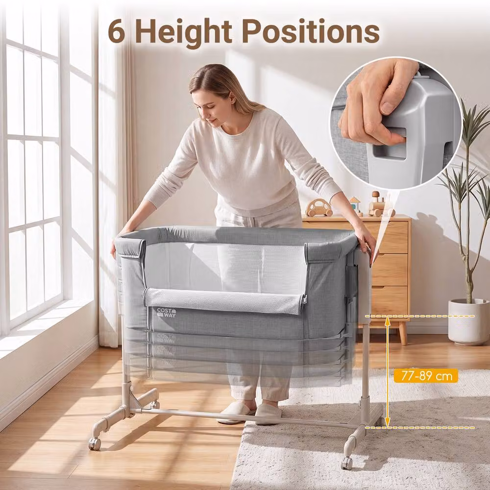 Costway 3-in-1 Height-Adjustable Baby Bedside Crib in Grey – 4