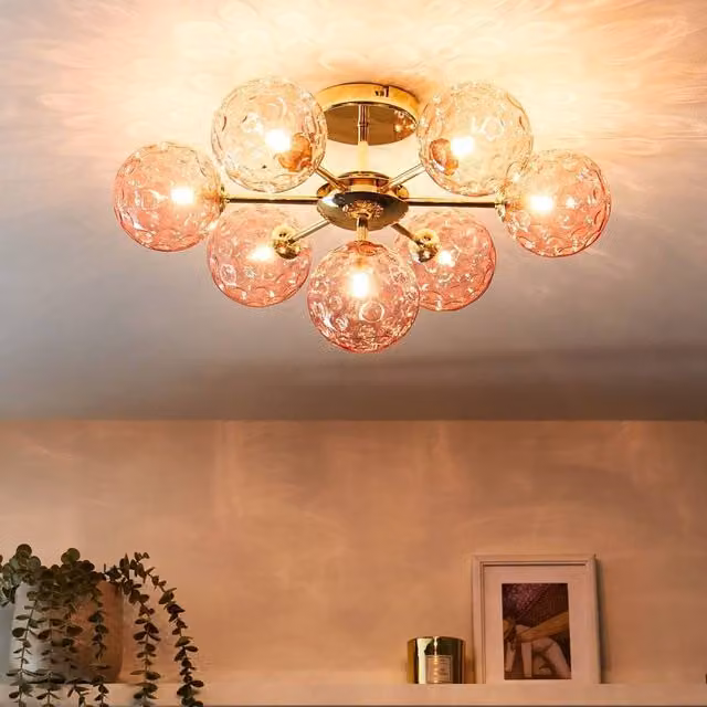 Wyld and Coco Seven-Light Modern Pink and Gold Glass and Metal Ceiling Light