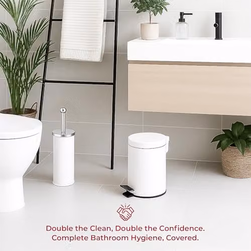 iTrend White 3L Pedal Dustbin and Toilet Brush Set with Holder, Made from Powder Coated Steel and Stainless Steel – 3