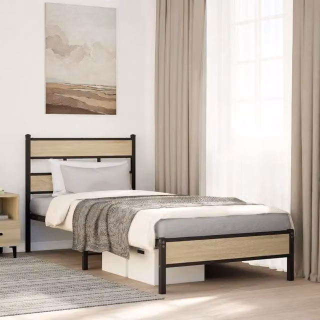 Berkfield Home Sonoma Oak Bed Frame in Brown, W/D/H: 90 x 200 cm