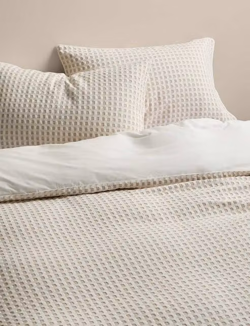 M&S Reversible Pure Cotton Waffle Duvet Cover Set, Beige, W: 180 cm, L: 200 cm