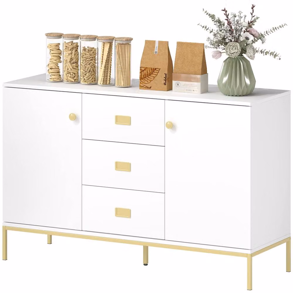 STILVORA Modern White and Gold Sideboard with 2 Cupboards and 3 Drawers, W: 120 cm, H: 77 cm, D: 39.5 cm – 2