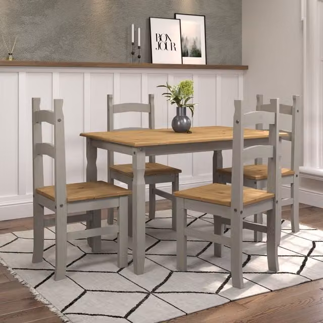 Core Products Corona Grey and Waxed Pine Rectangular Dining Table and Four Chairs Set