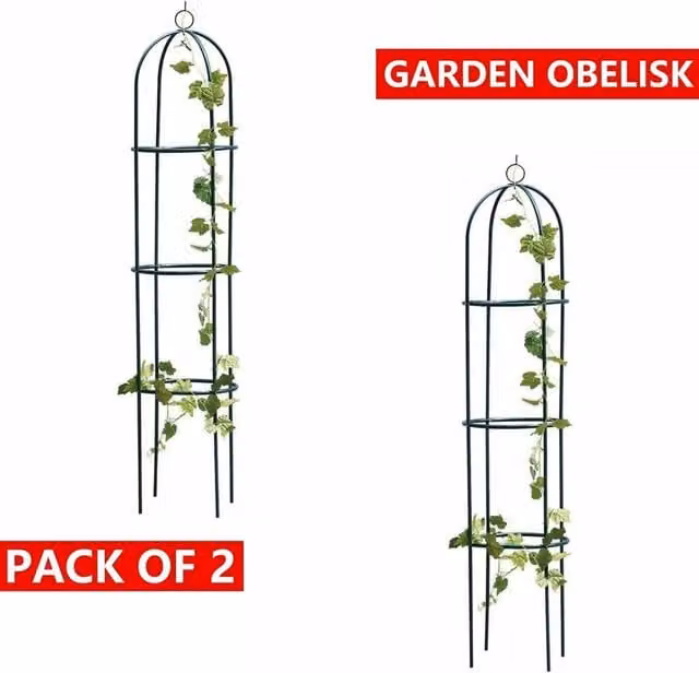 Kelvenix Set of 2 Green Metal Garden Obelisks for Climbing Plants, Height: 190 cm