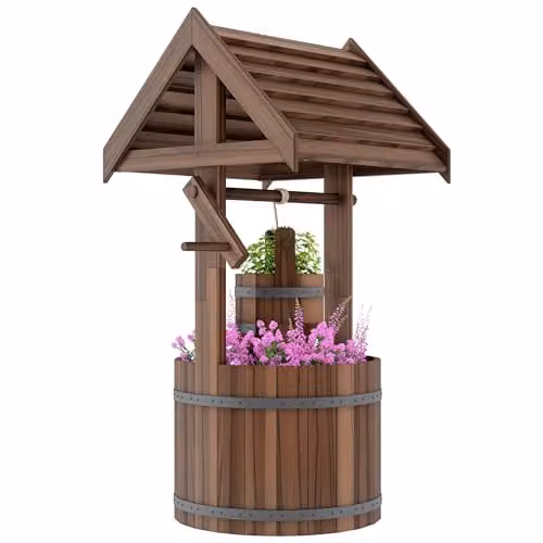 Outsunny Brown Wooden Wishing Well Planter with Adjustable Hanging Bucket