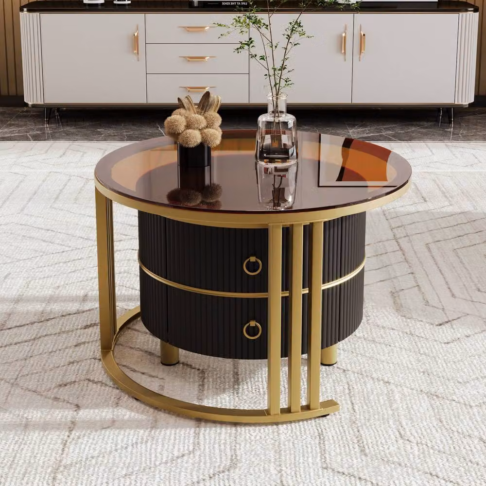 BTM Round Nesting Coffee Table Set with 2 Drawers in Black and Brown – 3