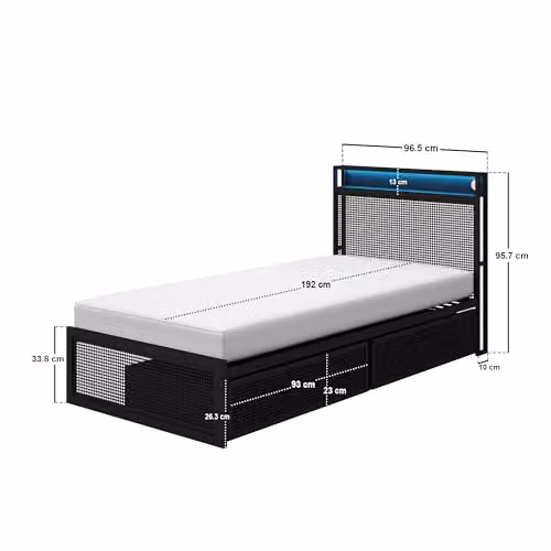 Flair Callan Metal Bed with Storage and Integrated LED Headboard in Black, Single – 3