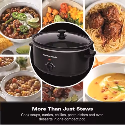 Hamilton Beach 6.5L Family Favourite Slow Cooker in Black and Silver, 240W with Ceramic and Stainless Steel Components – 6