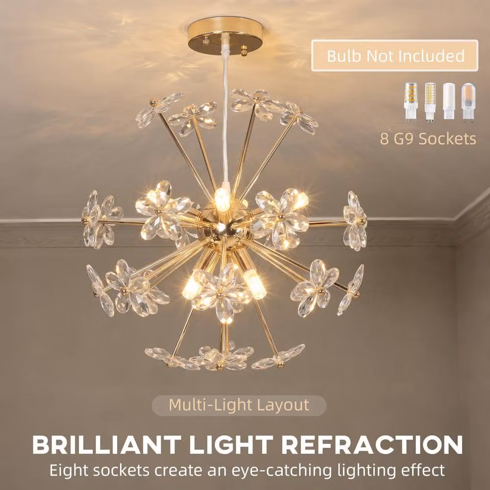 HOMCOM Crystal Flower Pendant Ceiling Light in Transparent and Gold/Brass – 3