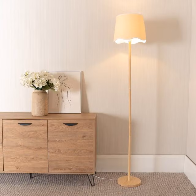 ValueLights Modern White Wood Floor Lamp with Fabric Cylinder Shade
