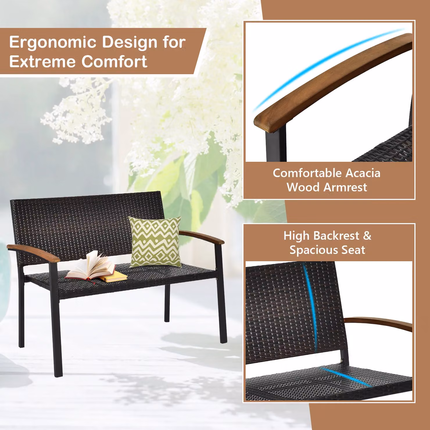 Costway Dark Brown All-Weather PE Wicker Stackable Outdoor Garden Loveseat Bench – 6