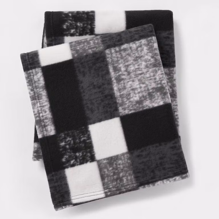 OHS Black Tartan Check Fleece Throw Blanket, W 150 cm x L 200 cm