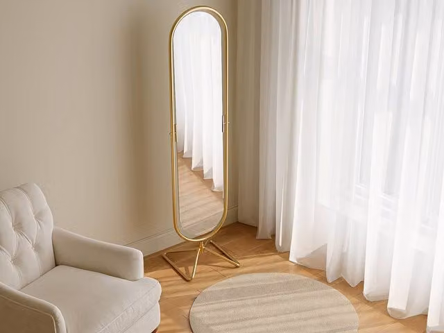 OZAIA Modern Pivoting Full-Length Rectangular Mirror on Metal Stand, Gold, W: 45 cm, H: 171 cm