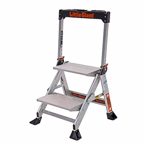 Little Giant 2 Tread Jumbo Folding Aluminium Step Stool in Silver with Built-in Tool Tray and High Handrail, Top Tread Height: 46 cm – 1
