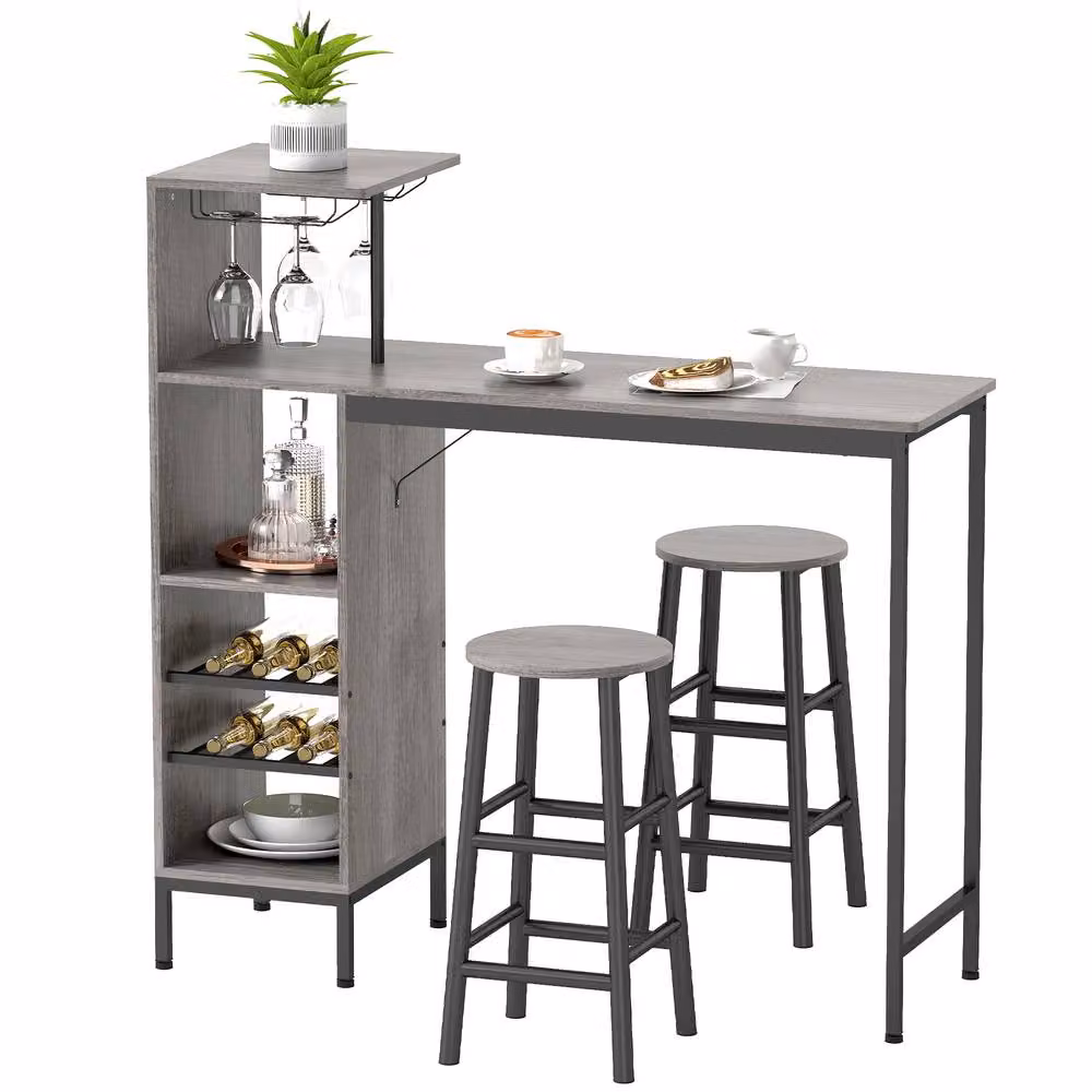 STILVORA 3 Piece Breakfast Bar Table Set with Storage Shelves in Grey – 3
