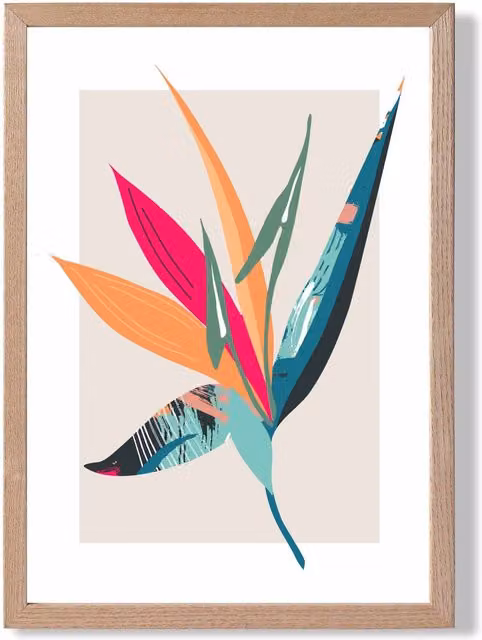 ARTZE Tropical Flower Boho Botanical Framed Print in Blue and Pink with Oak Frame, A3