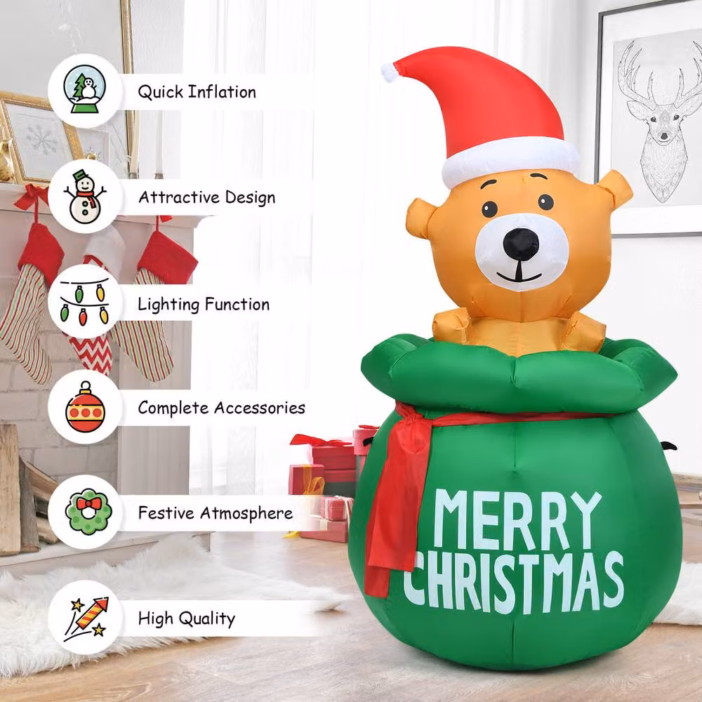 Gymax 150 cm Inflatable Green Christmas Bear Decoration with Multicolour LED Lights – 4