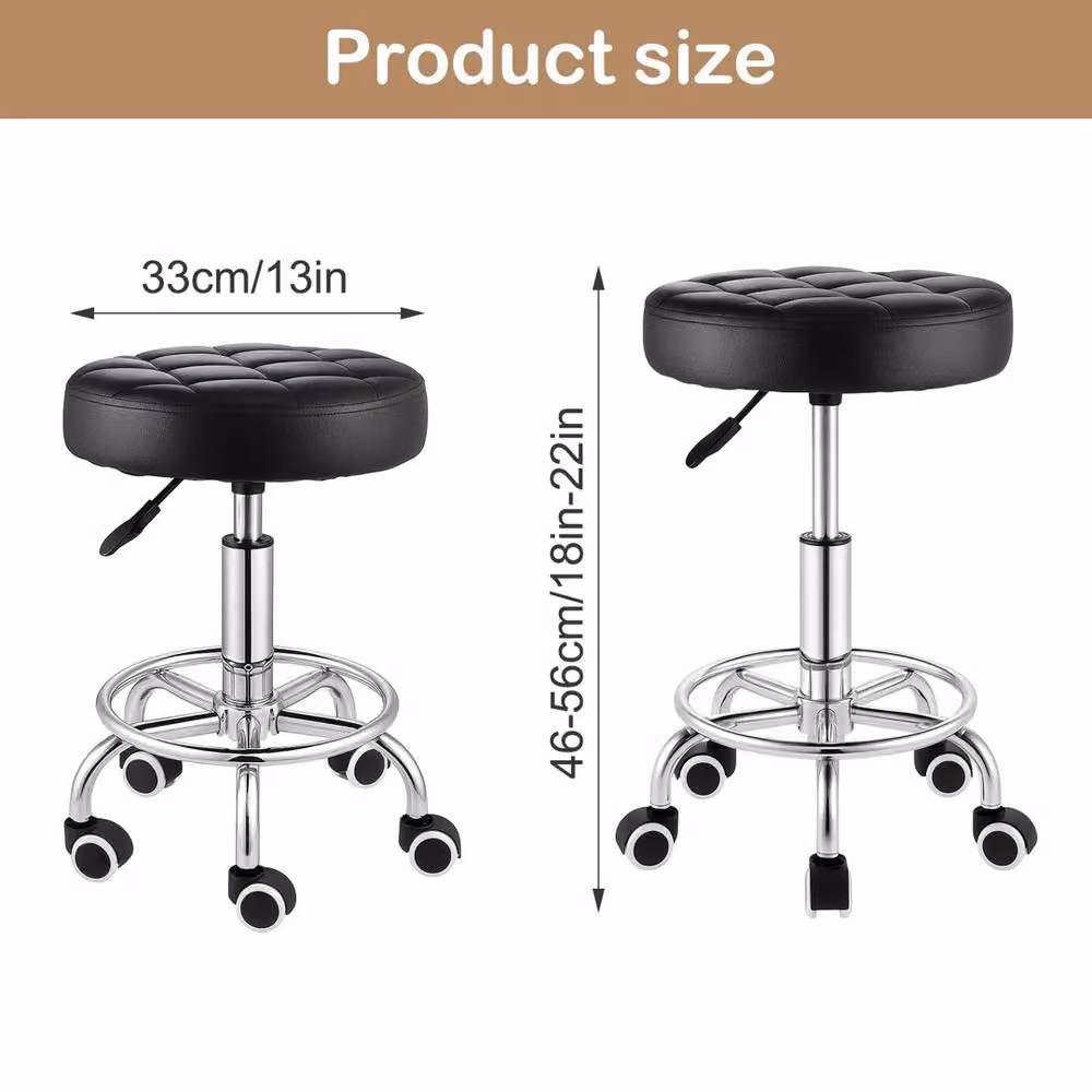 VOGREX Black PU Leather Rolling Stool with Swivel and Footrest Ring – 2