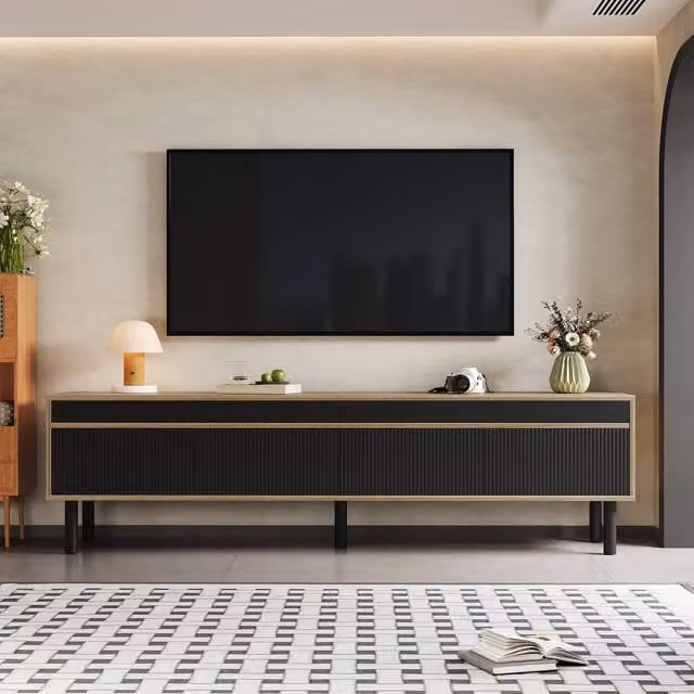 Merax Modern Black Low TV Stand with 4 Fluted Doors and Solid Wood Legs, Width: 170 cm